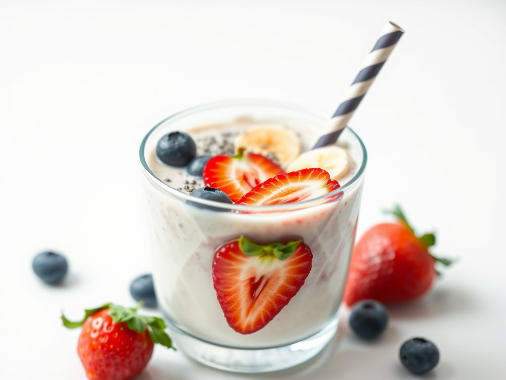 Glass of creamy low-FODMAP breakfast smoothie topped with berrie