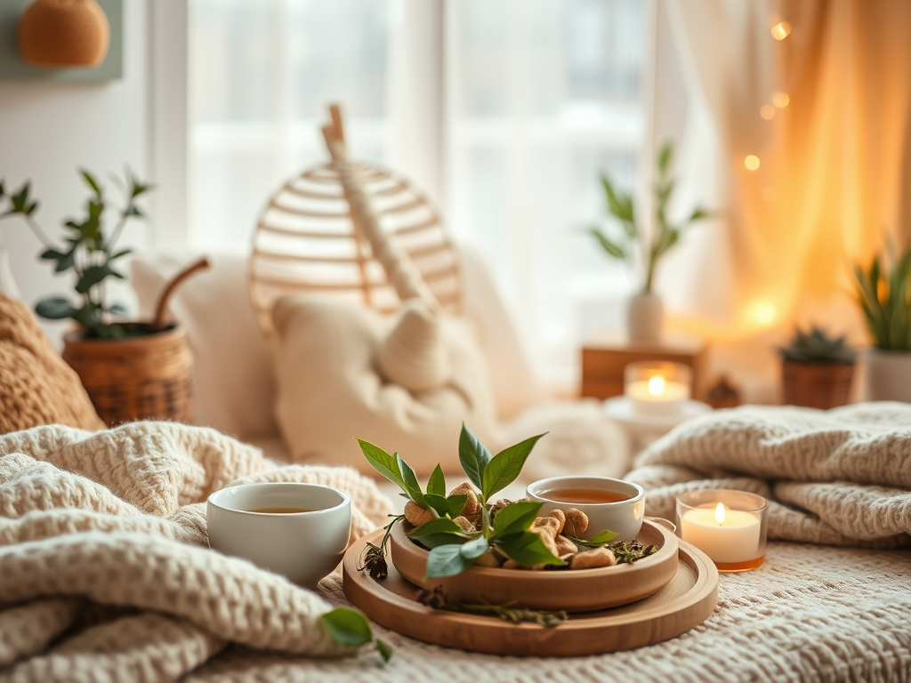 “A calm, homey scene with a cup of tea and soft light, conveying comfort and reflection”