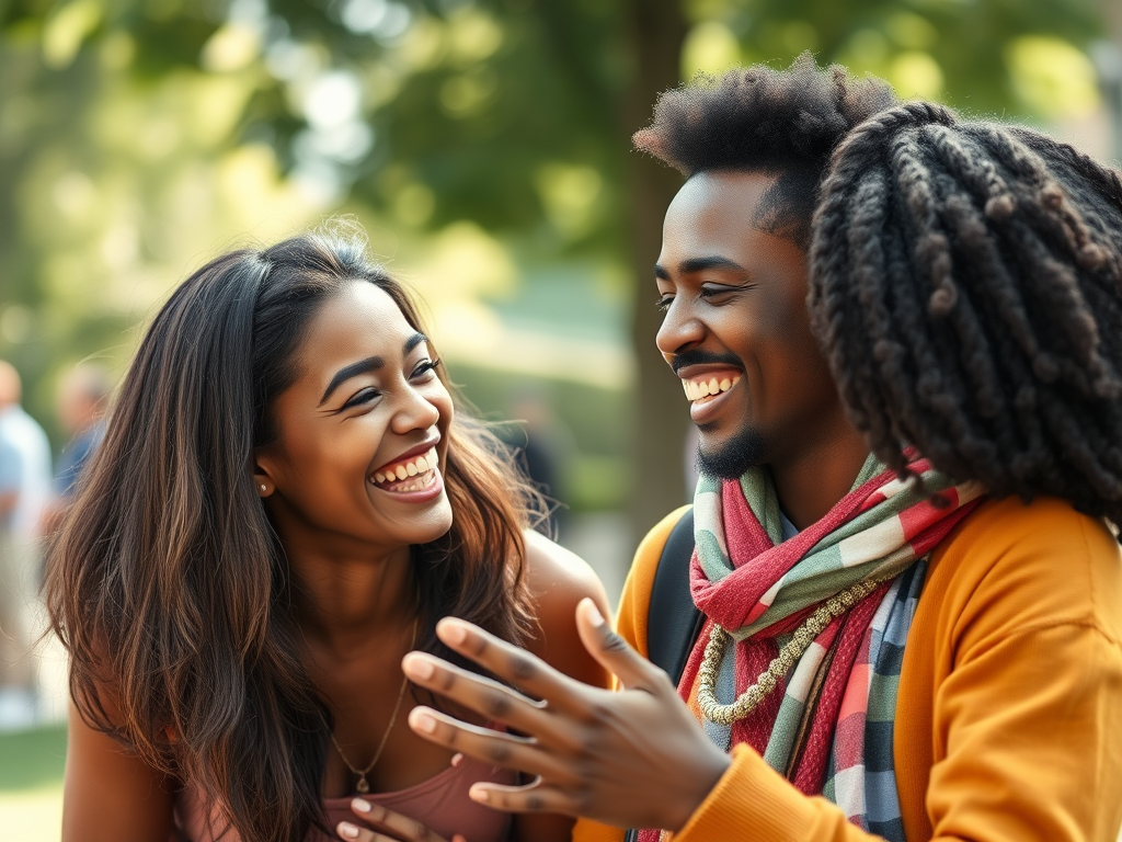 “Two friends laughing and talking together, representing sharing stories and community”